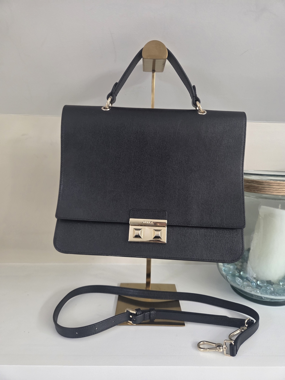 Furla Bella M Saffiano Leather Black Top Handle With Crossbody Strap